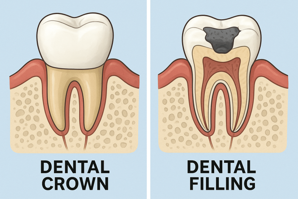 Illustration showing the difference between a dental crown and dental filling used to restore damaged teeth