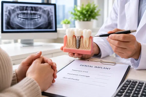Dentist discussing dental implant treatment costs and insurance coverage with a patient.