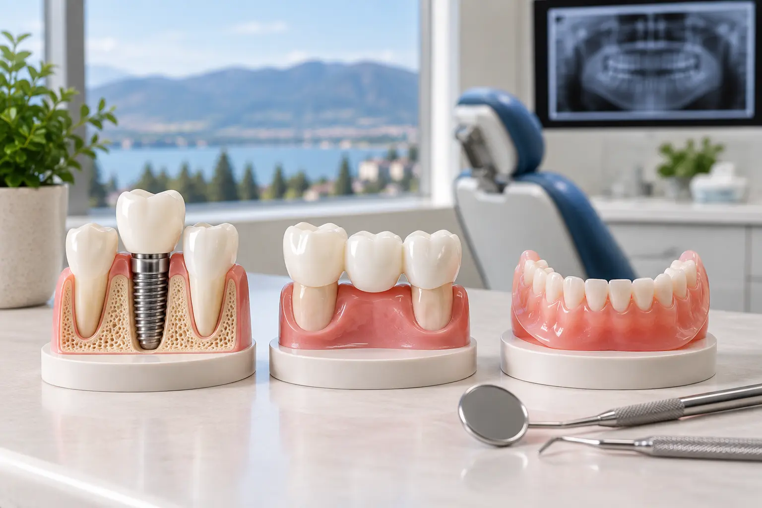 Dental implant, bridge, and denture options shown in a modern dental clinic in Kelowna.